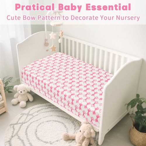 Image of Crib Sheets for Girls and Boys, HNHUAMING Crib Sheet Fitted Fits for Standard Crib & Toddler Mattresses, Ultra Soft Breathable Baby Crib Sheets Neutral 52'' X 28'' inch Crib Sheet, Pink Bow