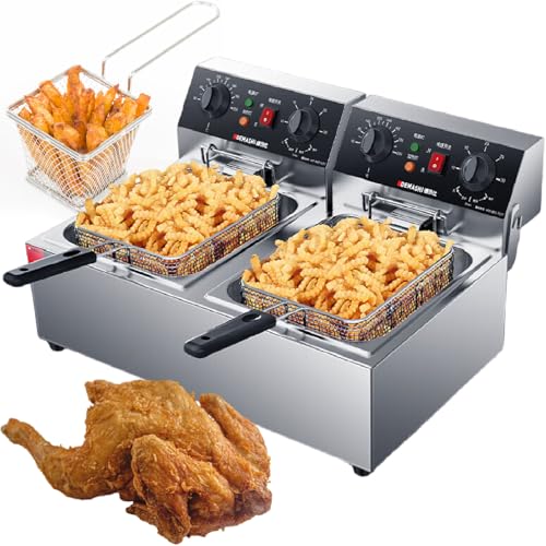 Freidora Comercial De Doble Tanque De 3000 W, 2 Tanques De Aceite De 10 L, Temporizador Y Control De Temperatura, Calentamiento RáPido, Acero Inoxidable Para Restaurantes,220V