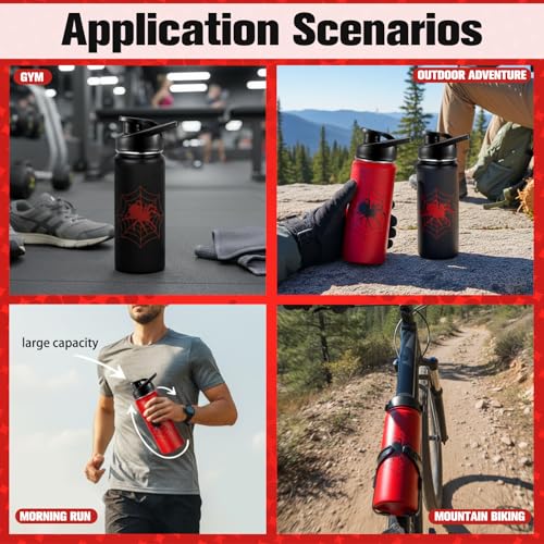 Image of Bokon 2 Pcs Spider Water Bottle with Straw Lid 16 oz Insulated Red Black Stainless Steel 18 /8 Spiderweb Vacuum Cups Tumbler for Travel Outdoor Family Friend Gifts, Leak Proof Lid Design (Classic)