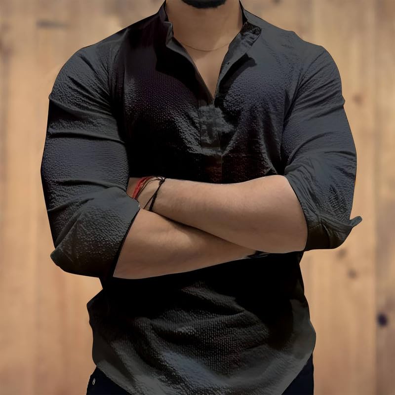 Image of MiraMichi Men's Cotton Blend Kurta | Kurta for Men Stylish Casual Short Kurta | Half Kurta Shirt Daily Use for Summer Season | Mandarin Collar Cotton Kurta's for Man Comfort