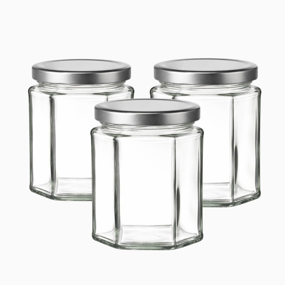 280ml Hexagonal Glass Jars with Twist-Off Lids (Pack of 3, Silver) | Honey, Jam & Chutney Storage | J&B