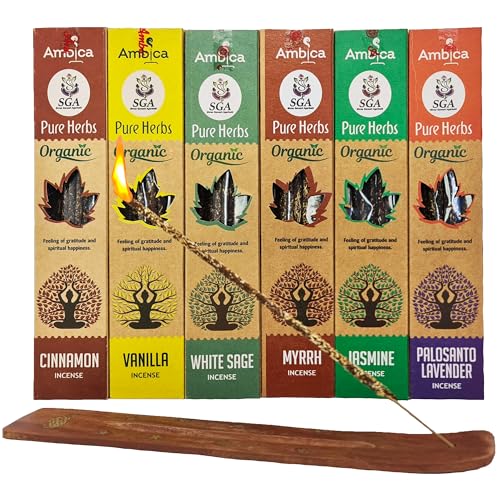 Incienso Natural Ecológico, Incienso Orgánico sin Tóxicos, Incluye: Palo Santo Lavanda, Canela, Vainilla, Jazmín, Mirra, Salvia Blanca, Aromaterapia + Quemador 12x18g(1)