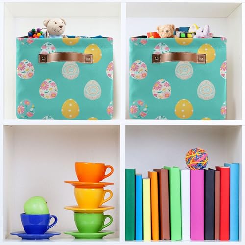 Image of Wamika Happy Easter Day Eggs Storage Basket Fabric Laundry Baskets Easter Rabbit Bunny Spring Storage Boxes Organizer Bag for Baby Cloth Dog Toy Book Storage Cubes Shelf Closet Bins 16x12x8 Inches
