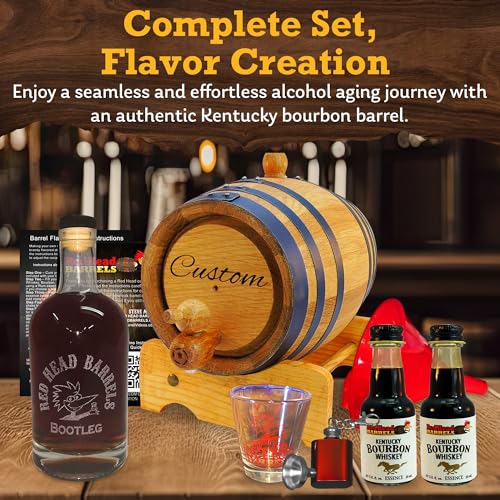 Red Head Barrels 2-Liter Charred American White Oak Whiskey Barrel with Kentucky Bourbon Whiskey Essence, Oak Wood Barrel Homebrew Kit Gift Set, Comes with Shot Glass, Bootleg Bottle, and More