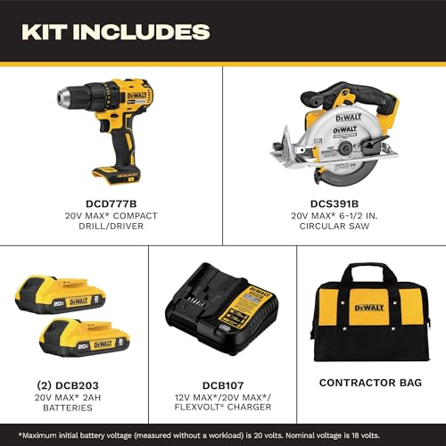 Image of DEWALT 20V MAX Cordless Drill Driver and Circular Saw Combo Kit with 2 x 2 Ah Batteries and Charger, Contractor Bag (DCK252D2)