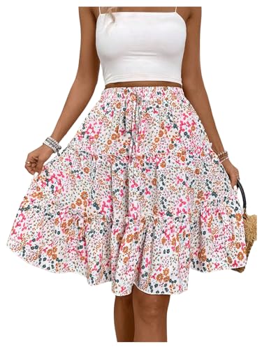 Verdusa Women's Boho Floral Tiered Ruffle Skirts Flowy Flared Summer Knee Length Midi Skirt White Large
