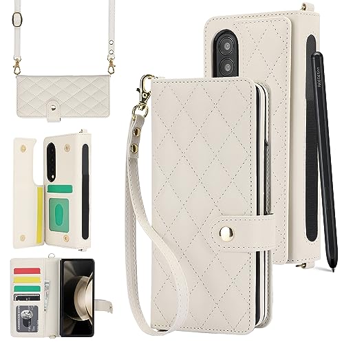 YYTVN for Samsung Galaxy Z Fold 4 Wallet Case with S Pen Holder & Crossbody Lanyard Strap & Wrist Strip, Shockproof Stylish Protective Cover for Galaxy Z Fold 4 (White)