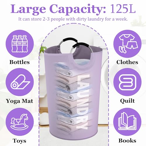 Image of Super Large Laundry Basket with Handles, 125L Foldable Dirty Clothes Hamper for Adult, Stand-alone Laundry Hamper in 600D Oxford Fabric, Purple Storage Basket for Family, Guest House,Purple