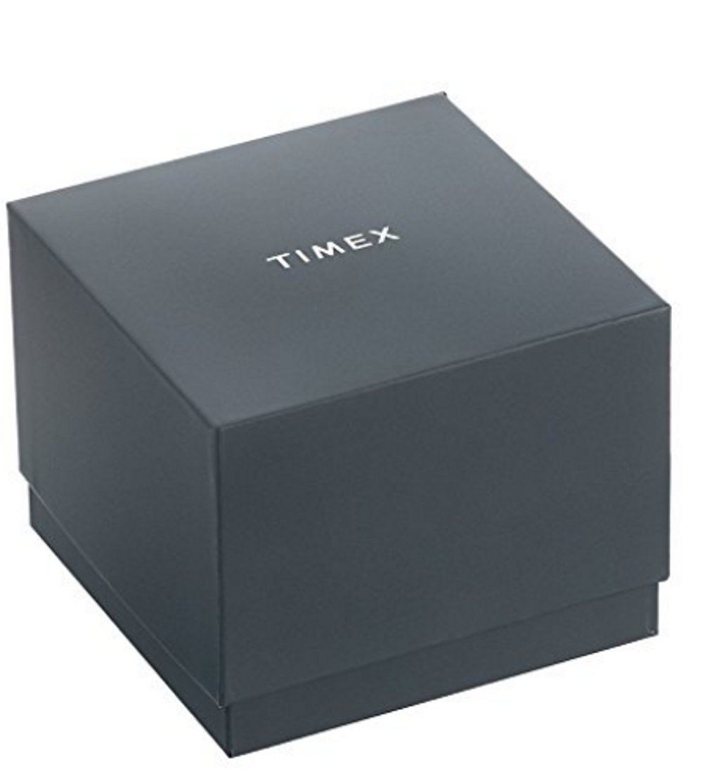 Timex watch box, a dark grey rectangular box with 'TIMEX' logo on top.