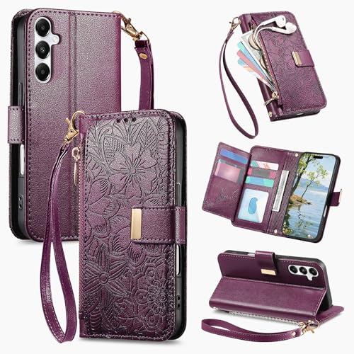 Niuuro for Samsung Galaxy S25 FE Wallet Case Built-in Card Holder (8-10 Cards) Zipper Pocket Wrist Strap Stand Kickstand Flower PU Leather Protective Phone Case Women Purple