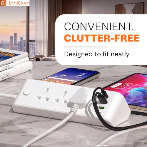 Image of BonKaso Power Strip Extension Board with 3 AC Outlets, 2 USB A & 2 Type C Ports, Digital Display Timer, Touch Night Light, Bedside Charging Station, Overload Protection, Compact Desktop Power Hub White