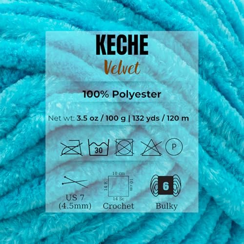 Image of Keche Velvet Yarn for Crocheting, Soft Chenille Bulky Baby Blanket Amigurumi Yarn 2x100 gr (2x132 yds) (2 Skeins) Turquoise