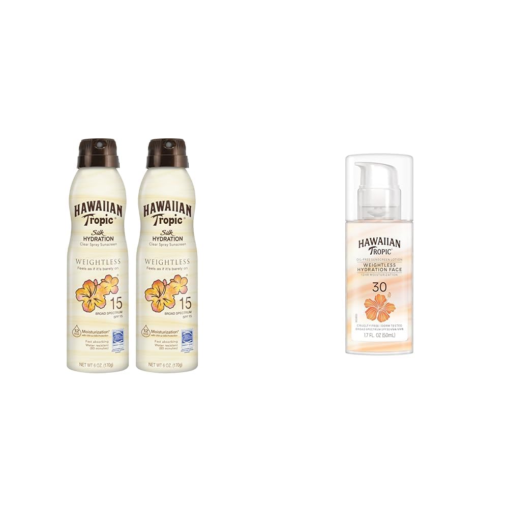 Weightless Hydration Clear Spray Sunscreen SPF 15 Twin Pack 6oz Each + Face Sunscreen Lotion SPF 30 Travel Size 1.7oz