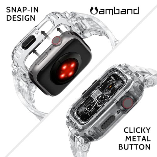 Image of amBand Bands Compatible with Apple Watch 9 /8 /7 45mm, M1 Sport Series Rugged Case with TPU Strap Military Protective Tough Cover Bumper for iWatch SE3 /SE2 /SE /6 /5 /4 /3 44mm 42mm Men Clear