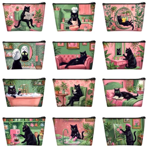 Sweetude 12 Pcs Funny Black Cat Makeup Bags Bulk Cosmetic Pouch for Women