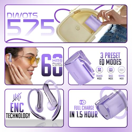 Image of ACwO DwOTS 575 Wireless Open Ear Earbuds, 60H Playtime, ENC Calling, 10mm Drivers, 3 EQ Modes, Fashion Purse Design, IPX5 Water & Sweat Resistant, Bluetooth Earbuds (Iris Purple)