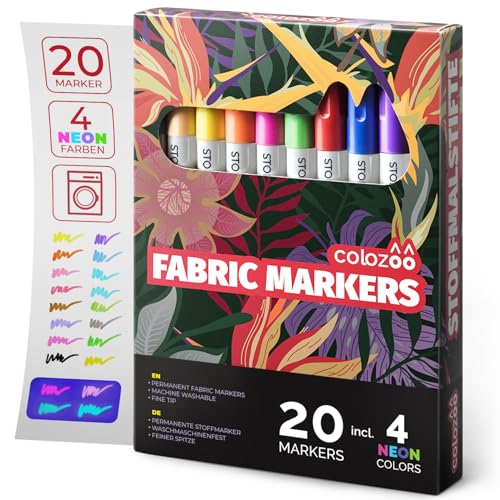 colozoo Stoffmalstifte 20er-set: 4 Uv Neon Und 16 Textilstifte Waschmaschinenfest - Textilmarker Für Textil, Polyerster, Beutel, T-shirt, Papier Und Sonstige