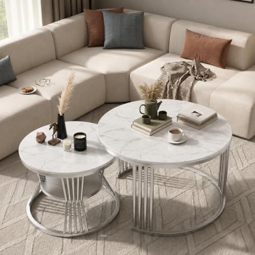 Image of Brown Art SHOPPEE Round Coffee Table Home Decor Furniture Coffee Table Sets,2 Piece MDF Top,Stacking Nesting Table with Iron Frame for Living Room Living Room or Lounge (Silver White)