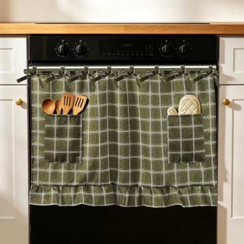 Vigirlc Oven Skirt Curtain for Door Farmhouse Kitchen Decor Stove Cover with Ruffle Trim and Ribbon Ties Handmade Style Appliance Curtain to Hide Clutter for Oven Dishwasher (Green Checkered)