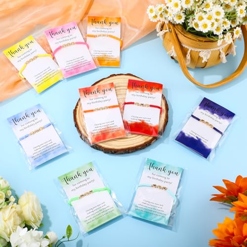 Birthday Party Favor Bracelets Beaded Rainbow Clay Heart Bracelet with Thank You Wish Gift Card for Kids Girls Birthday Party Supplies Bags Suffer with Different Themes3