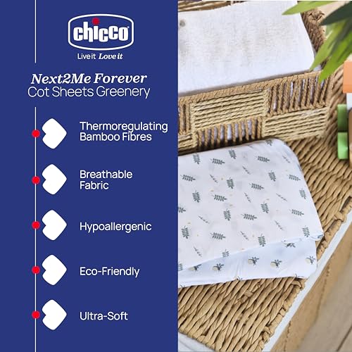 Chicco Bambusfaser-Bettwäsche-Set, 1 Oberlaken und 1 Leintücher mit Ecken, kompatibel mit Matratzen 58x110 cm, kompatibel mit Next2Me Forever Wiege, Fantasie mit Blättern und Schnecken