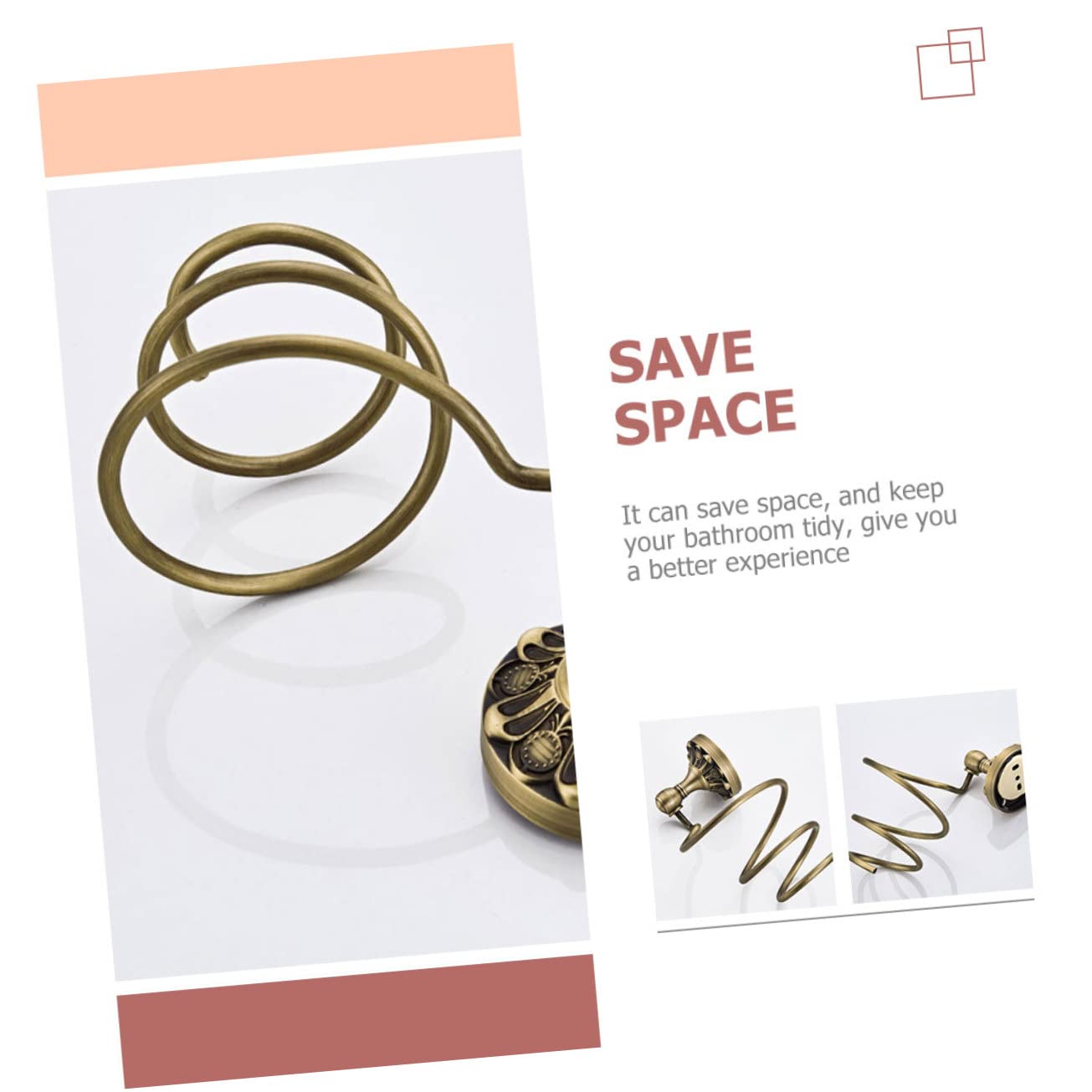 Soporte para Secador de Pelo de Pared, Cobre Dorado, Diseño Espiral, Almacenamiento Colgante, Adecuado para Baño