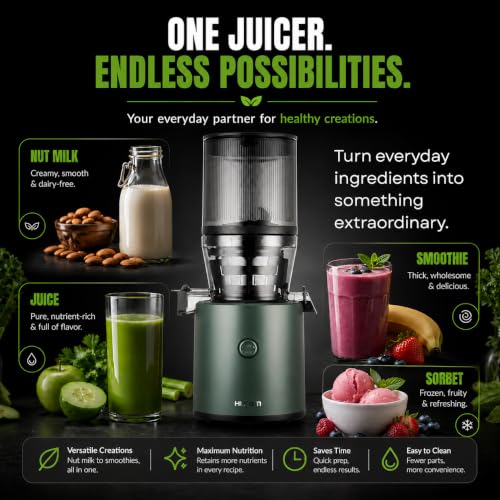Image of Hurom H320 Cold Press Juicer | Ultra Low Pulp | Slow Juicer | Hopper Fits Whole Produce | Ultra Quiet Motor | Easy Assembly | Cold Press Masticating Juicer, 15 Years Warranty (Green with Strainer)