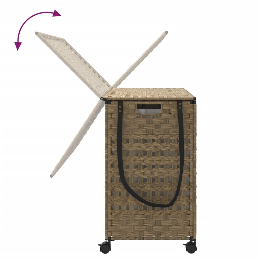 Wäschekorb mit Rollen aus Rattan 66 x 35 x 60 cm, handgewebt mit Deckel, 3 Fächer, Innenbeutel, Bremsrollen und Klappdesign für Bad, Schlafzimmer und Waschküche