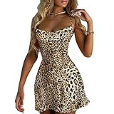 Damen Satin Tunika Minikleid Schlankes Swing Spaghetti Strap Sommerkleid Plissee Camisole Kurzesrock Partykleid Freizeitkleid (S,Leopardenmuster)