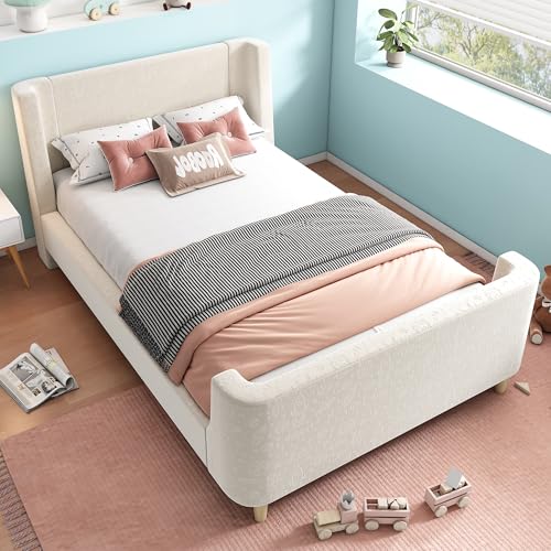 BTM Lit Simple Rembourré 90x200cm, Lit Enfant 90x200cm avec Sommier à Lattes, à Motif Cosmique, Conception de Traîneau, en Velours, Beige (sans Matelas)