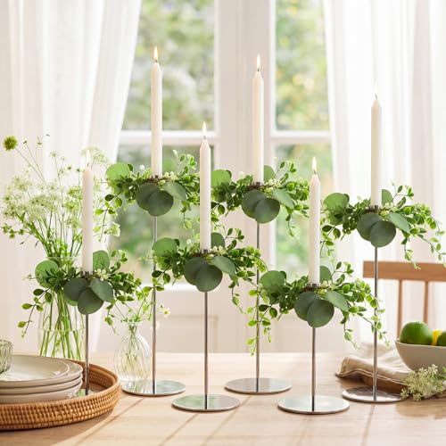Daifunli 6 Pcs Eucalyptus Taper Candle Ring 1 Inch Eucalyptus Candle Ring for Taper Artificial Greenery Farmhouse Tapers Candles Rings for Tapers Candles Farmhouse Home Table Decor