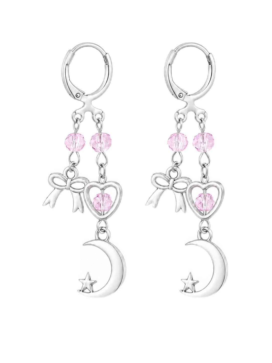Cute Moon & Star Dangle Hoop Earrings for Women | Star Moon Dainty Earrings | Heart & Bow Charm Huggie Earrings | Daily wear Jewelry | Anti tarnish Aesthetic Hoops | Gifts For Women And Girls | Lightweight Jewelry-picture-47