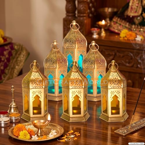 Image of Moroccan Lanterns & Candle Holders for Home Decor - Unique Diwali & Christmas Gifts (Yellow - Blue, Set of 6)