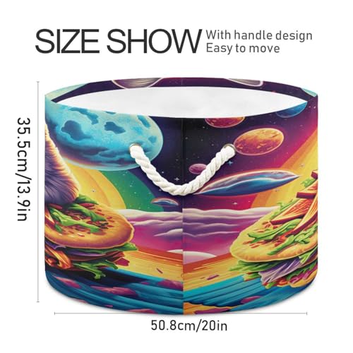 Round Space White Cat Taco Storage Basket Large Organizer Bin Laundry Hamper Toy Storage Basket with Handle for Nursery Clothes Toys 202b4751