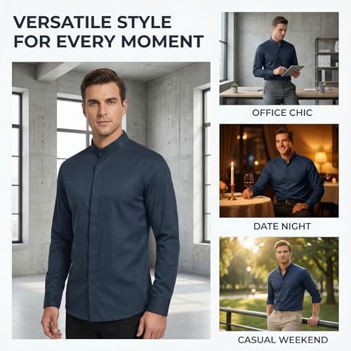 VANCOOG Men's Mandarin Collar Long Sleeve Cotton Blended Casual Interview Stylish Formal Business Dress Shirt-Navy Blue-XL — view 5