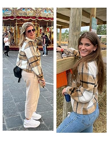 UANEO Womens Cropped Plaid Shacket Button Down Short Flannel Shirt Jacket with Pockets2