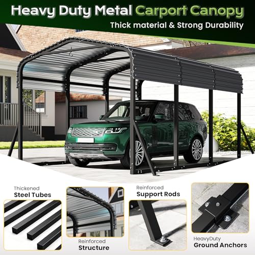 Image of Jocoevol 10x15FT Metal Carport, Heavy Duty Car Garage w /Reinforced Support Rods and Windproof Ground Anchors, All-Weather Multi-Use Outdoor Shelter for Car, Boats and Truck