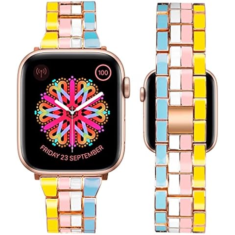 Caunedy Watch Band Compatible with Apple Watch 42/44/45mm Colorful Solid Stainless Steel Metal Fashion Wristband Bracelet Women Strap for iWatch Series SE/7/6/5/4/3/2/1 (Bright Multicolor,42/44/45mm) Cover