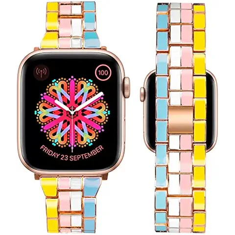 Caunedy Watch Band Compatible with Apple Watch 42/44/45mm Colorful Solid Stainless Steel Metal Fashion Wristband Bracelet Women Strap for iWatch Series SE/7/6/5/4/3/2/1 (Bright Multicolor,42/44/45mm) Cover