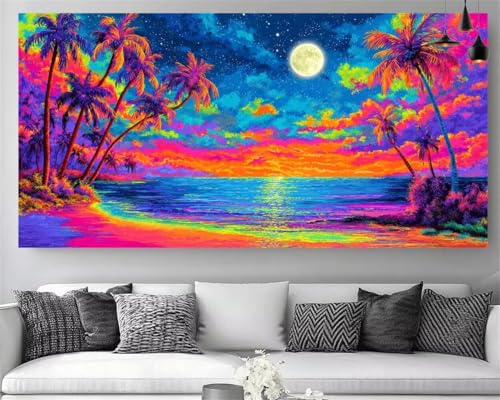 Peinture Diamant 5D Lune et Mer Décoration Maison Canvas Broderie 100x300cm Loisir Créatif Salon