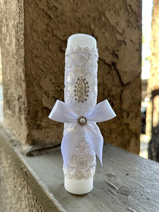 Baptism White Candle Set with Lady of Guadalupe Medal 2.0