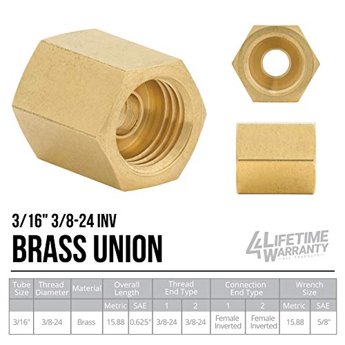 4Lifetimelines Brass Brake Line Union - 3/16, 3/8-24 Sae Inverted, 10 Per Bag #TOP3