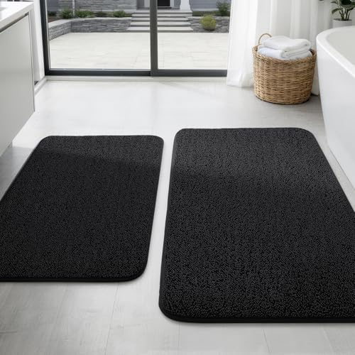 YIHOUSE Memory Foam Bathroom Rugs Sets 2 Piece - Extra Thick Soft Towel-Like Absorbent Bath Mat Set Non Slip Machine Washable Bath Rugs Carpet for Bath Tub & Shower (32x20+24x17 Black)