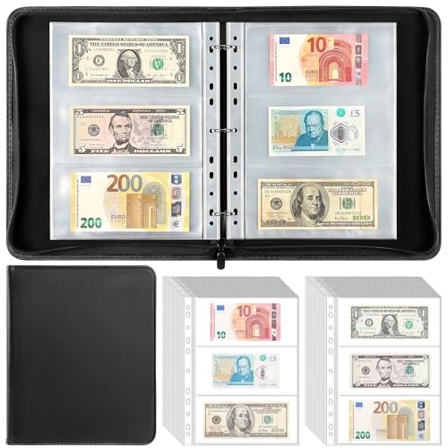 Money Book - Leather Zipper Binder with Currency Pages Set Binders
