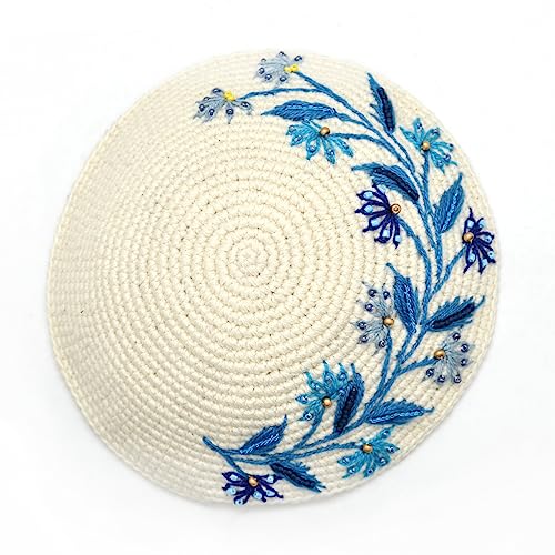 Cream & Turquoise Blue Flowers Crochet & Embroidered Womans Kippah - Ladies Floral Yarmulke