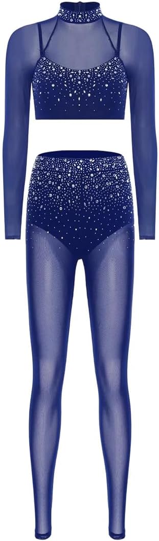 Women Ballet Dance 2 Piece Rhinestone Crop Top Tights Sheer Mesh Latin Gymnastics Ballet Pants Set