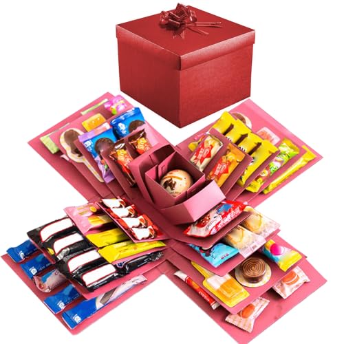 Pasdrucn DIY Explosion Gift Box, 5 Layer Snack Explosion Box with tape and ribbon, Scrapbooking Boxes, photo album, photo gifts, Creative Explosion Boxes for Anniversary,Birthday,Valentine's Day(Red)