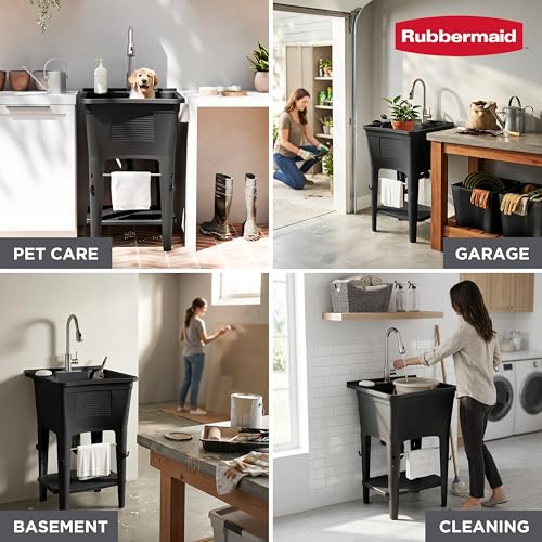 Rubbermaid Utility Sink Laundry Tub, Freestanding Laundry Sink with Premium Stainless Steel Sprayer Faucet, for Laundry Room, Basement, Garage, 24.1" L x 24.1" W x 52.5" H, Black by Rubbermaid - Image 4