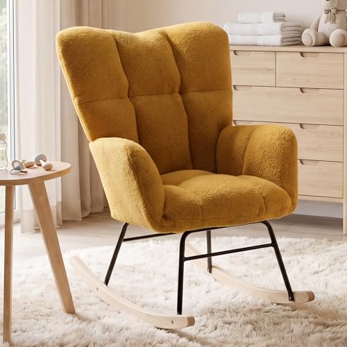 DEKKETO Fauteuil à Bascule - Rocking Chair, Fauteuil Relax Scandinave en Tissu Bouclette, pour Salon, Allaitement, Chambre, Pieds en Bois Massif, Jaune