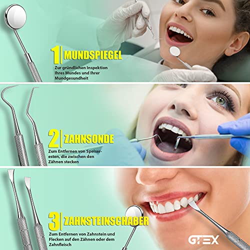 GTEX Zahnsteinentferner Zahnreinigung Set, Zahnpflege Set für den Heimgebrauch – Persönliche und Haustier-Mundhygiene – Mit Zahnspiegel - Zahnreinigung Zwischenräume (5 Stück)